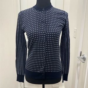 New with tags J Crew Caryn cardigan in 100% cotton in navy and white polka dots